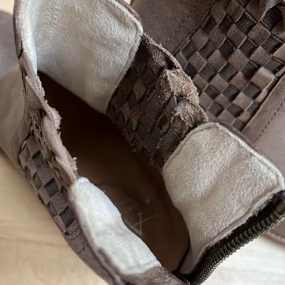 Aquatalia Basket-Weave Tan Leather Frannie Weatherproof Ankle Heeled Booties - Picture 13 of 15